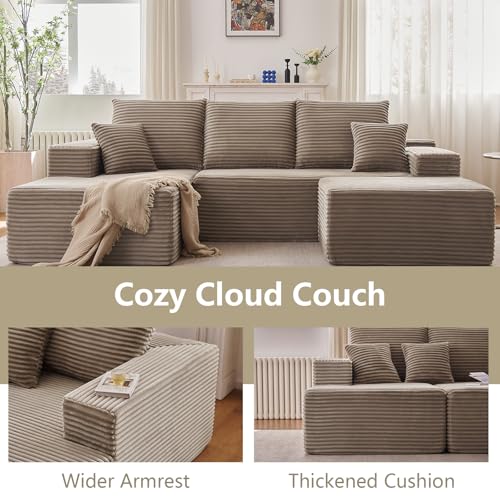 Image of Lakifun 107 inch L-Shape Sofa with Ottoman, Modern Modular Sectional Comfy U-Shape Cloud Couch, Deep Seat, Upholstered Corduroy Sleeper Chaise Longue for Living Room Bedroom, No Assembly Required, Camel