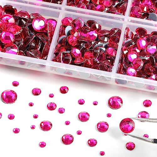 Image of 6736pcs Hotfix Rhinestones Flatback,Hot Pink Rhinestones for Crafts Clothes Mixed 5 Sizes, Hotfix Crystals with Tweezers and Wax Pencil Kit, SS6-SS30, Hot Pink