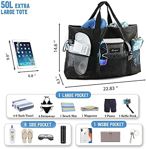 Fanfaree Beach Bag Extra Large Beach Bags Waterproof Sandproof Mesh Tote Bags with Zipper Pockets Pool Beach Shopping Essentials 5 Fanfaree Beach Bag Extra Large Beach Bags Waterproof Sandproof Mesh Tote Bags with Zipper Pockets Pool Beach Shopping Essentials