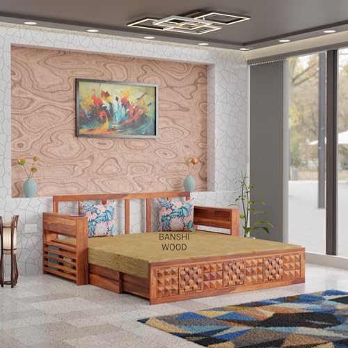Image of BWF Heritage Sheesham Wood 3 Seater Sofa Cum Convertable Double Bed with Under Storage Unit | Extandable Arm Rest for Cofee /Tea Cup for Home and Office | BHsf - 02 (Natural Finish, 3D Carved)