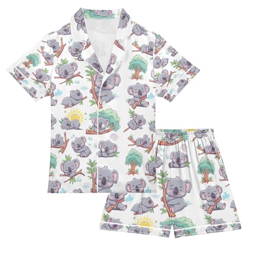 senya Branches Koala Satin Summer Pajama Sets Silk Short Sleeve Button Down Sleepwear