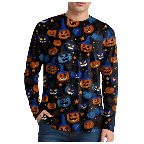 ハロウィン Tシャツ メンズ 長袖 おもしろ 丸首 面白い シャツ 悪魔 カボチャの頭 プリント 大きいサイズ 仮装 衣装 ゆったり 薄手トップス 個性的 派手 プルオーバー 文化祭 パーティー (Blue, M)