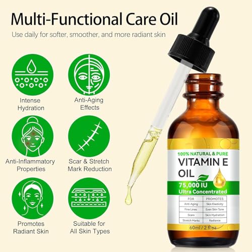 Pure Vitamin E Oil for Skin & Hair – 100% Natural, 75,000 IU, 2 Fl Oz | Deeply Moisturizes, Repairs & Protects | Non-Greasy Cold-Pressed Formula | Nourishes Face, Body, Scars, Cuticles + Hair Health - Image 6