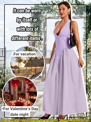 Image of ChiaoLezhee Deep V Neck Dress, Halter Maxi Dresses, Vacation Date Night, Sexy for Women Corset Flowy Wedding Guest Drop Waist