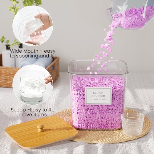 3+1 Pack Laundry Pods Container,Clear Laundry Room Organization Containers,Large Laundry Detergent Powder Storage Containers with Wooden Lids & Labels,Laundry Pods Holder for Scent Booster,Powder,Pods 1