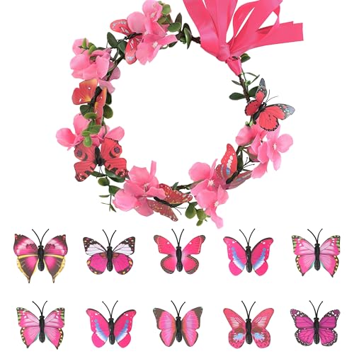 Gmmidea Butterfly Flower Crown for Women Girls Boho Fairy Flower Headband Crown Wedding Bridal Floral Headpiece Hair Wreath with Butterfly Hair Clips Hot Pink