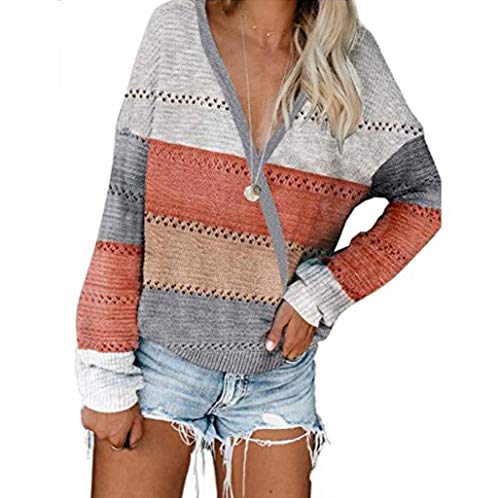 Vickyleb Sweaters for Women Women's V Neck Long Sleeve Wrap Sweaters Casual Loose Waffle Knit Pullover Tops Shirts