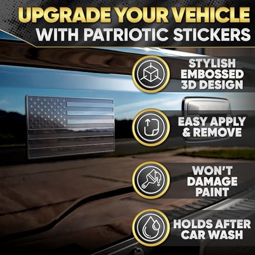 Image of 3D Embossed Aluminum Black American Flag Decal for Car - 1 Pair 5 inchx3 inch | Brushed Metal Stripes, Matte Black | UV-Proof, Rust-Free US Flag Stickers | Patriotic Decals for Truck, SUV, Motorcycle, Laptop