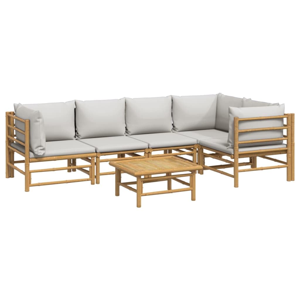 6-częściowy zestaw mebli ogrodowych z bambusa z jasnoszarymi poduszkami, wytrzymała sofa outdoorowa, meble balkonowe, meble wypoczynkowe, odporne na warunki atmosferyczne, komfortowy leżak