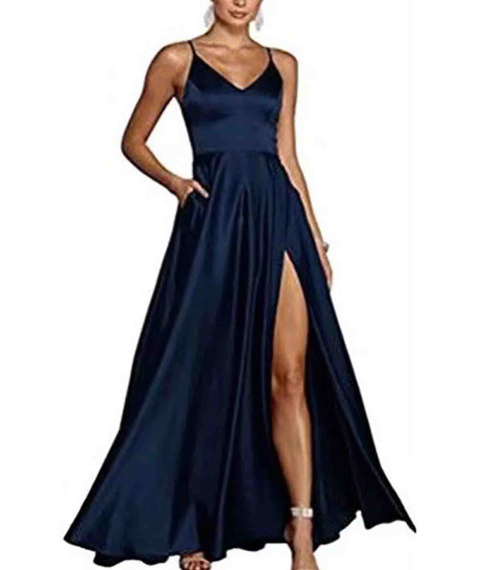 ECDAHICC Frauen Italienische Nudel Verstellbare Riemen Ball Kleid High Neck V-Ausschnitt Satin Tasche Formale Party Abendkleid