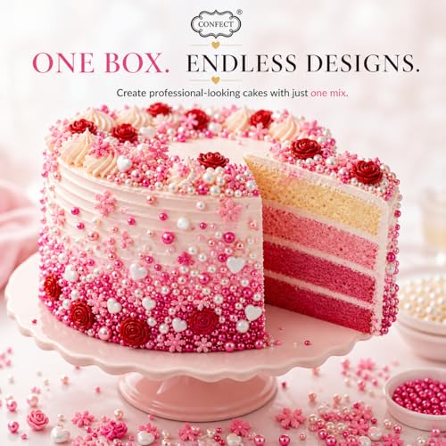 Image of Confect Sprinkle Pink Mini Roses & Lips I Silver Hearts & Vermcelli and White Pearls | Sprinkles for Baking & Cake Decorative | Baby Shower Sprinkles | Vegan, Gluten-Free, Nut-Free, Soy-Free, Dairy-Free -140 Gms