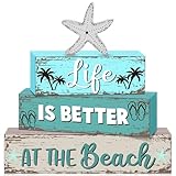 Geelin 4 Pcs Summer Table Decorations Ocean Life Better Wooden Block Signs Beach Theme Starfish Palm Slipper Tabletop Centerpieces Farmhouse Tiered Tray Decor for Home Table Kitchen Shelf