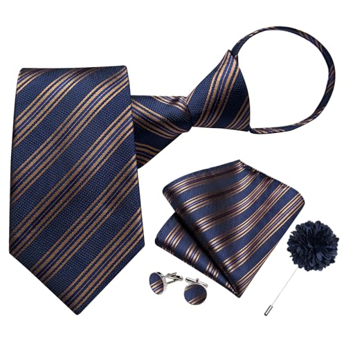 Image of DiBanGu Mens Zipper Tie Silk Pre-Tied Necktie with Gift Box | Jacquard Woven,Paisley Solid Plaid Pattern,6PCS with Pocket Square,Cufflinks and Lapel Pin,for Wedding Party Formal Business