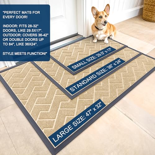 Image of OLANLY Front Door Mat Indoor Outdoor Entrance, Waterproof All-Season, All-Weather Doormat, Sturdy Natural Rubber, Low Profile, Easy Clean Patio Porch Entryway Mat, Herringbone Brick (Beige, 29.5x17)