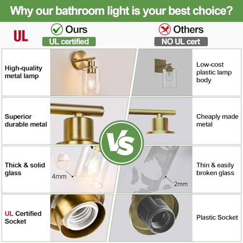 Image of Zarbitta Set of 2 Wall Sconces for Bathroom, Brushed Gold Modern Vanity Lights with Clear Glass Shade,Bathroom Wall Lamp for Mirror Kitchen Living Room Hallway Cabinet Porch