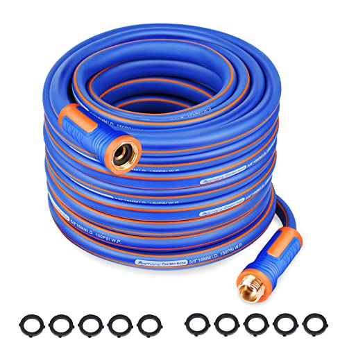 Abimars Garden Hose with Swivel Handle, 25 ft x 5/8 in Flexible Hybrid Rubber Water Hose with Solid Brass Connectors, Lightweight, Blue 500psi Burst Pressure