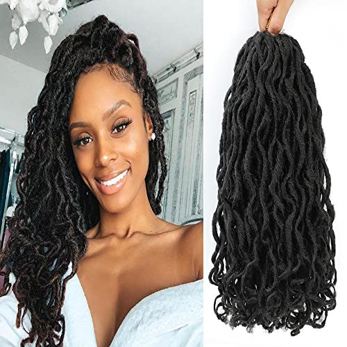 6 Packs Goddess Locs Crochet Hair 12 Inch, Faux Locs Pre-looped Deep Wavy Curly Ends, Curly Crochet Hairs River Locs Hairs(6packs,1B）