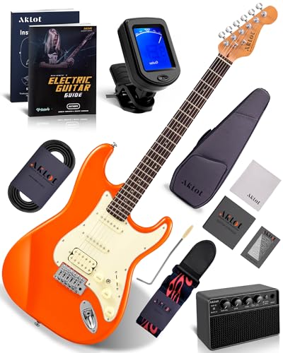 AKLOT Stryde Electric Guitar with Coil-Split: Roasted Maple Neck, Polished Gloss Finish Top, HSS Ceramic Pickups, Beginner Guitar Kit with 10W Amp, Gig Bag, Strap, Picks, Lesson Book, Blaze Orange