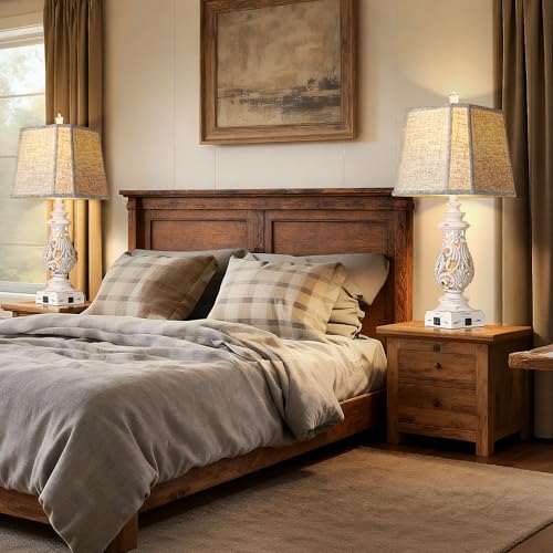 PARTPHONER 29" Table Lamps Set of 2, Bedside Lamps with USB A+C Ports & Night Light, Farmhouse Nightstand Lamps with Linen Fabric Shades for Bedroom Living Room, Antique White (LED Bulbs Included) - Image 5