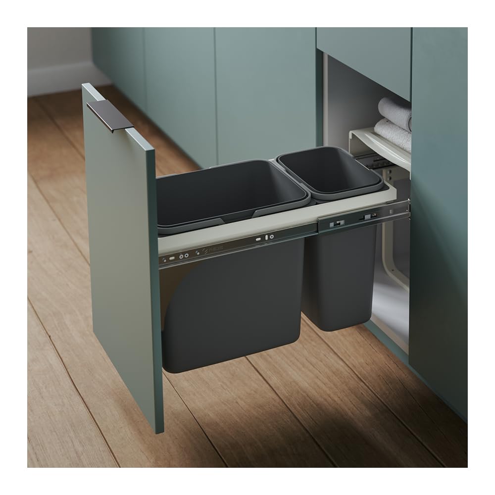REJS Einbau-Mülleimer für 30 cm Schrank 2-fach Abfallsystem mit Deckel Soft-Close & Vollauszug 26,4 x 50,5 x 33 cm (1x 15L + 1x 7L) Frontmontage Silberfarben