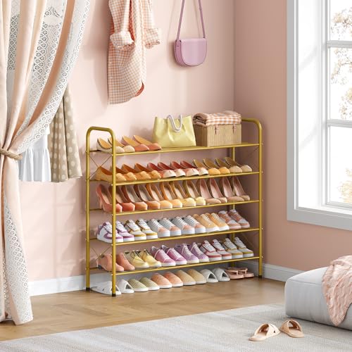 Image of Hoctieon 5 Tier Shoe Rack for Closet, Durable Mesh Style Shoe Rack, Entryway Shoe Shelf, Shoe Storage Organizer for Hallway, Bedroom, Living Room, Wardrobe, Gold