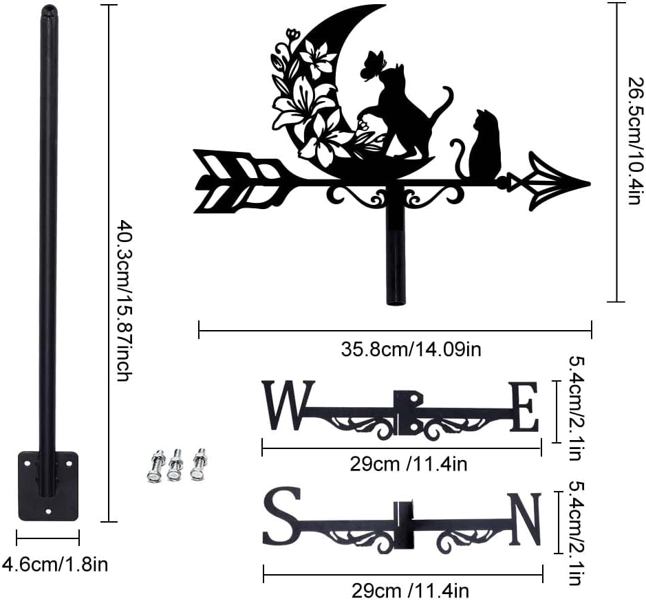 SUPERDANT Cat and Moon Weather Vane Cat Flowers Metal Weathervane Black Weathercock Garden Art Decor Roof Wind Vanes Decorative Wind Direction for Yard Farmhouse Sheds Patio Outdoor Decoration