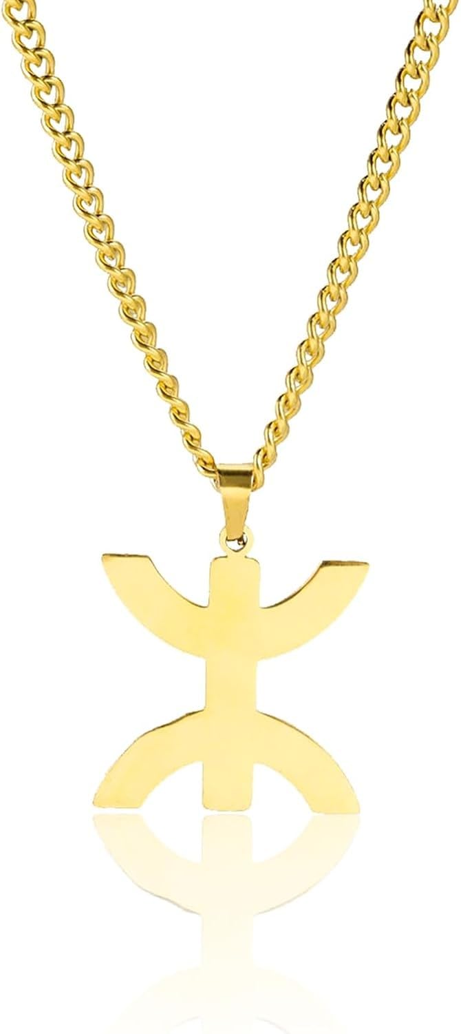 XIUNYIE Africa Berber Symbol Stainless Steel Necklace Ethnic African Jewelry Muslim Arabic Necklace Pendant Gift for Men Women, Gold Africa Berbers Necklace