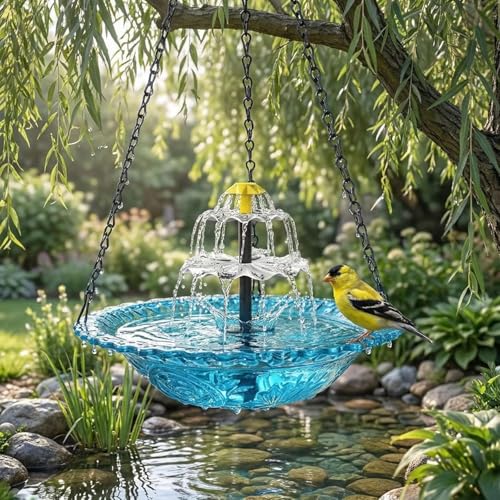 Hanging Solar Bird Bath Fountain Solar Powered Cascading Outdoor Water Fountain Hanging Bird Bath with Flowing Water Decorative Garden Yard Patio Bird Bath Fountain