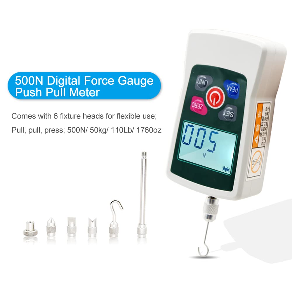 Digitales Kraftmessgerät 500 N/ 50 kg/ 110 lb/ 1760 oz Tragbares Push-Pull-Kraftmesser, schaltbares, hintergrundbeleuchtetes Mini-Dynamometer mit 6 Leuchtenköpfen, Aufbewahrungskoffe