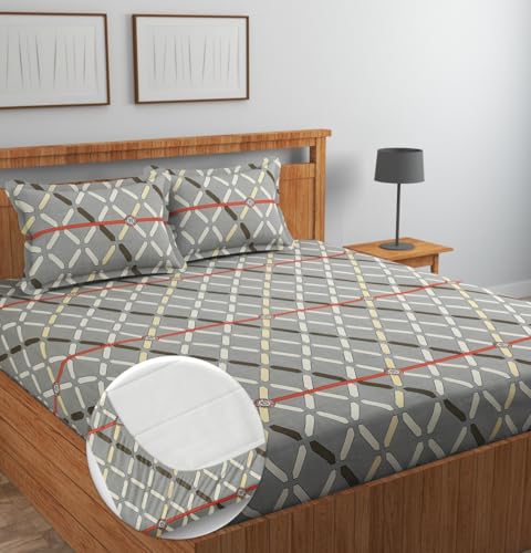 Image of NHD HOME Pure Cotton All Round Elastic Fitted Bedsheets for Double Bed with 2 King Size Pillow Covers 220 TC Supersoft |Wrinkel Free Bed Cover Size - 72x78+10 inches, Grey