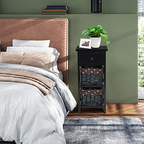 GIANTEX Nachttisch Nachtschrank, Nachtkommode mit Schublade & 2 Körben, Korbkommode Antik, Nachtkonsole Korbregal Massivholz, Beistellschrank Beistelltisch für Schlafzimmer (Schwarz)