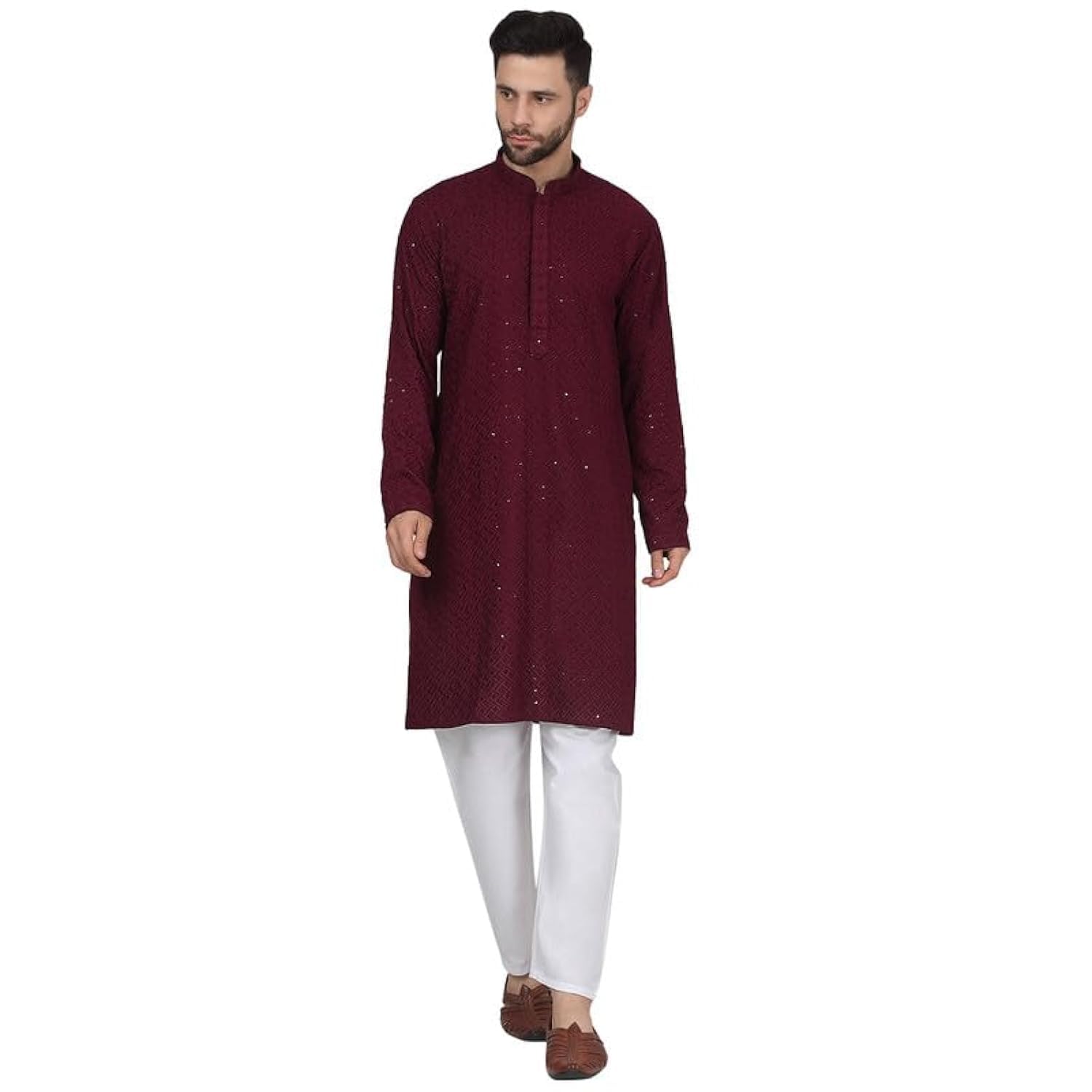 kraft india Men's Cotton Embroided Chikankari Sequined Kurta With Elastic Waistband Pyjama Set-picture-42