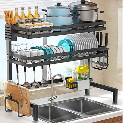 2 Tier Expandable Over Sink Dish Drying Rack Large Space Saving Kitchen Utensil & Cutlery Holder Cutting Board Stand Black 85x24x82cm