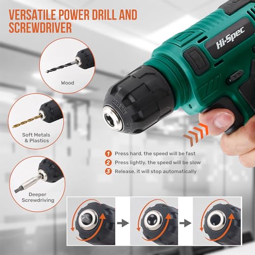 Image of Hi-Spec 8V USB Power Drill Driver Screw Drill Bit Set. Cordless & Rechargeable Electric Drill Driver with Wall Hanging Kit,Green