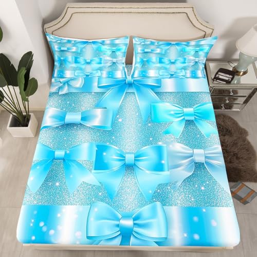 Erosebridal Bow Sky Blue Fitted Sheet Queen Cute Princess Silk Ribbon Bowknot Bed Sheets for Kids Girls Kawaii Room Decor,Coquette Butterfly Knot Bedding Set Bow Tie Girly Sweet Bed Cover 3 Pcs