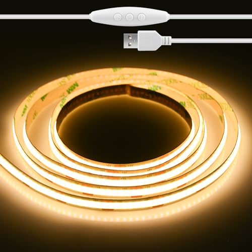 La mejor comparación de Tiras - los preferidos. 37 2M COB Tira de luces LED, Blanco Cálido 3000K, Tira de Luz LED de 320LEDs, regulables con Con interruptor pulsador USB de 1,5 m, cable blanco para espejos, armarios, librerías,...