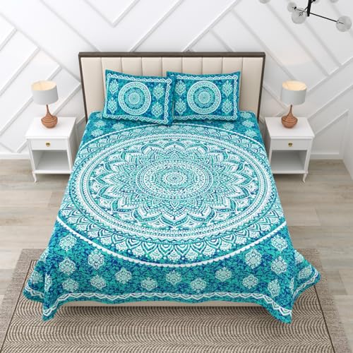 Image of RajasthaniKart 144 TC Pure 100% Cotton Double Bed Sheet with 2 Pillow Covers (Bedsheet for Double Bed Cotton, Green Star Jaipuri, King Size,5298)