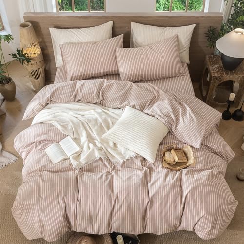 Image of MooMee Striped Duvet Cover Set 100% Washed Cotton Linen Like Twin | Relaxed Linen-like Texture. Soft, Breathable & Long-lasting Comfort. Lightweight. Hidden Zipper with 8 Interior Corner Ties