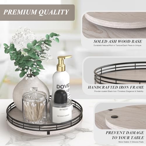 Image of 9 inch Wooden Lazy Susan Organizer for Cabinet, Turntable Round Decorative Tray for Kitchen Sink, Countertop Organizer, Bathroom Counter Organizer for Skincare Makeup, Rustic Whitewashed