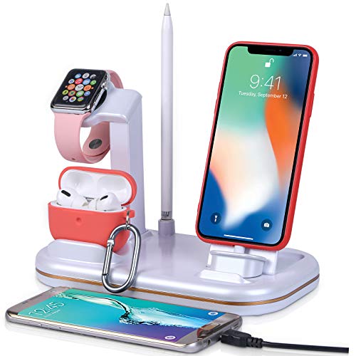 Lxtopdk Charging Stand for Apple Watch Charger, 4 in 1 Charger Station for Apple iWatch 6/SE/5, Build-in Charging Cable for iPhone 12/iPad/iPod/Airpods Pro,Pencil Holder Dock with 2 USB Ports-White