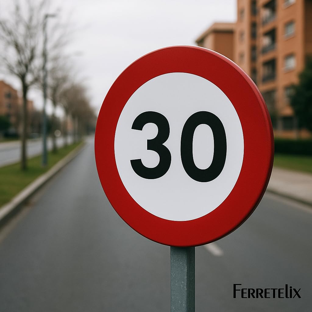FERRETELIX® Señal de Tráfico Metálica Homologada MOPU R-301 | Velocidad Máxima 30 km/h | 60 cm | Reflectante N1 | Señal Vial Redonda de Chapa Galvanizada para Exterior