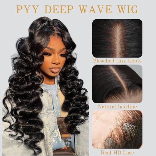 PYY Deep Wave Lace Front Wigs Human Hair 200 Density Deep Wave Wig 13x4 HD Lace Frontal Wigs for Women Glueless Wigs Pre Plucked with Baby Hair 24 Inch - Image 3