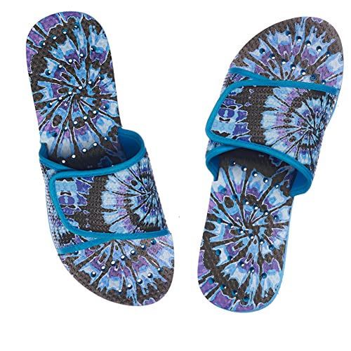 Showaflops Girls Casual Slip-Resistant Lightweight Round-Shaped Drainage Holes Slides With Velcro Strap Sandal, Blue/Purple Tie Dye Swirl, 4-5 Big Kid #TOP3