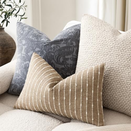 Image of Foindtower Boho Striped Boucle Lumbar Throw Pillow Covers 12x20 Inch Camel