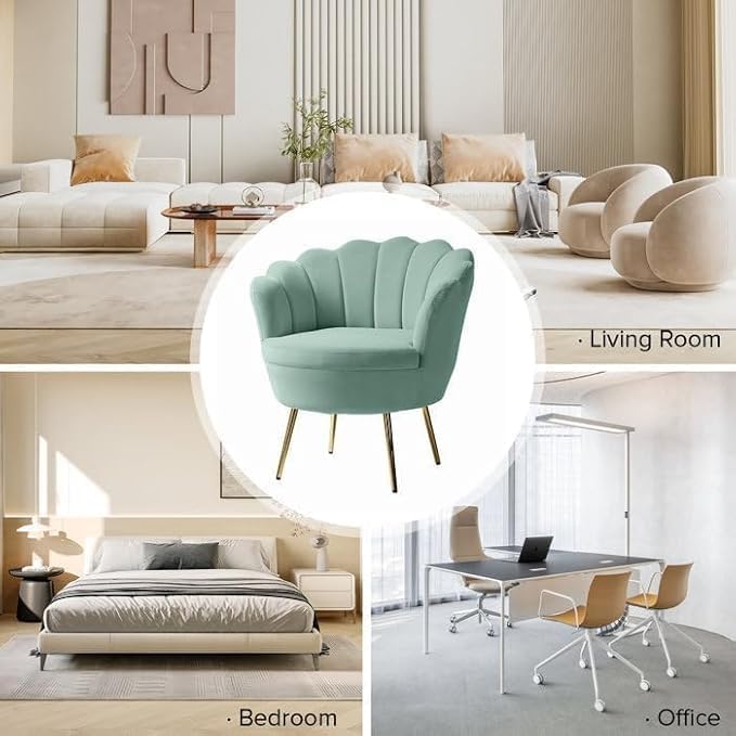 Image of Wooden Velvet Shell Accent Chair, Upholstery, Gold Metal Legs, Channel Tufted Design, Barrel Chair for Living Room, Drawing Room, Bedroom, & Office (Sky Blue)
