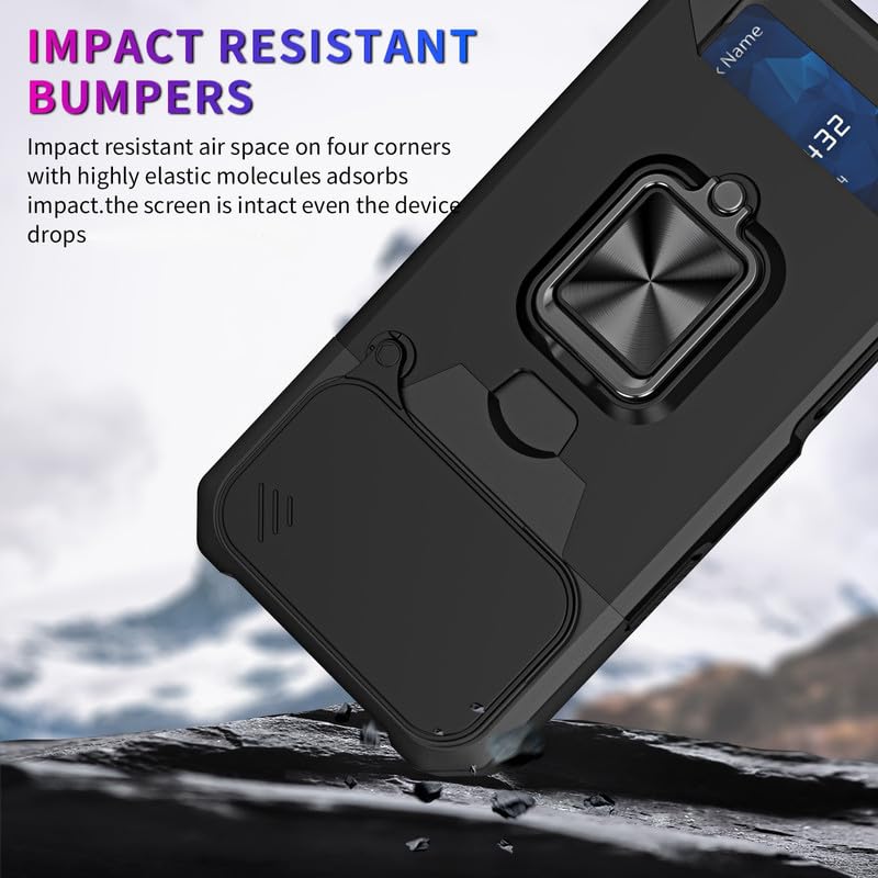 Image of LuxuryKase Shockproof Armor Case for iPhone 17 Pro Max | Slide Camera Cover | Hidden Card Slot | Rotating Ring Kickstand | Magnetic Car Mount Support | Military Grade Protection - Black