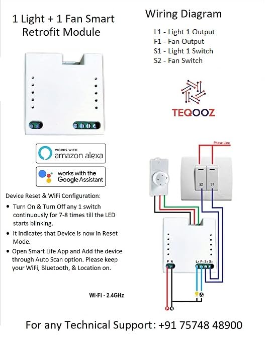 TEQOOZ® 2 Switch (1 Light + 1 Fan Regulator) Smart WiFi Retrofit Module | 3 Yr Warranty | Fits Behind Any Switch Board | Manual Control & SmartLife App Control | Compatible with Alexa, Google, Siri 3
