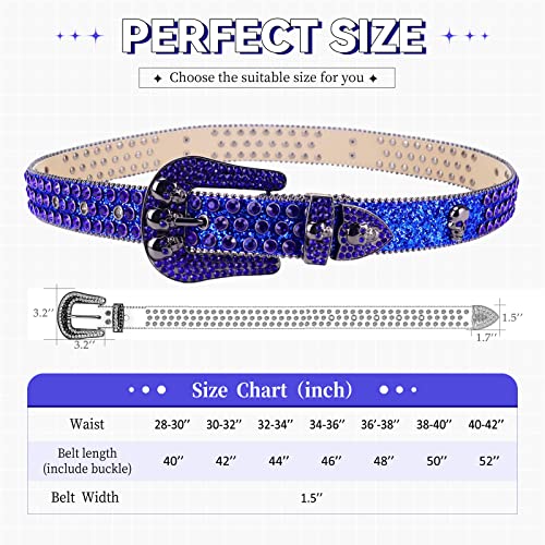 Tinidi Western Rhinestone Skull Belt Bling Bling Crystal Men Women Diamond Studded Leather Belt For Jeans Pants (Blue, Fit Waist 34-36 Inches) #TOP4