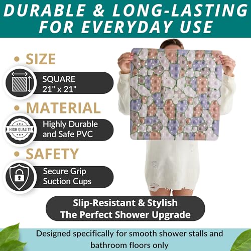 Image of ENKOSI Square Shower Mat 21x21 inch - Anti Slip Shower Stall Floor Mat - Non Slip Shower Mats with Strong Secure Suction Cups and Drain Holes in Middle (21x21 Stone Path)