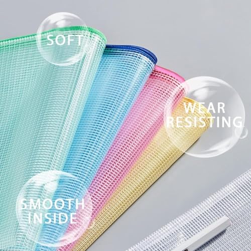 Qualsen 24pcs Mesh Zipper Pouch, Waterproof Mesh Zipper Pouch Bags, A5 Multicolor Plastic Organization Bags for Travel Storage, Office Appliances and Home Organization
